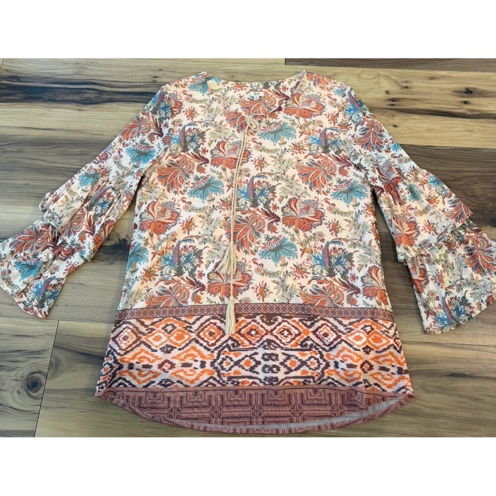REBA Women's S Boho Flowy Floral Mesh Bell Sleeve Lined Blouse Tunic Tassel Y2K